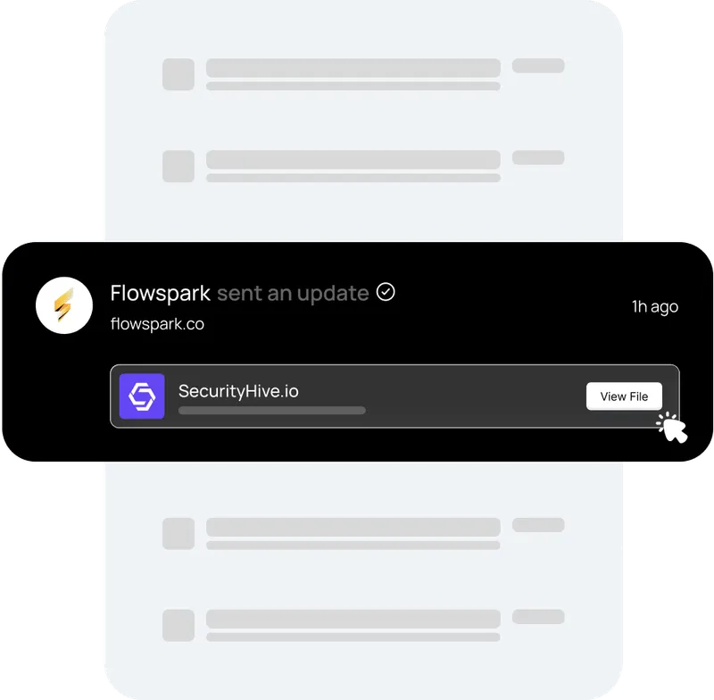 Lightning-fast website performance notification from Flowspark showing SecurityHive.io project update with file sharing progress bar and view file button
