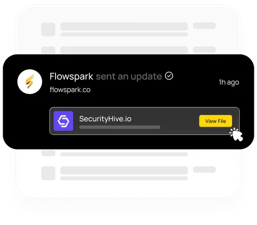 Flowspark project update notification showing SecurityHive.io file sharing with yellow view file button and timestamp